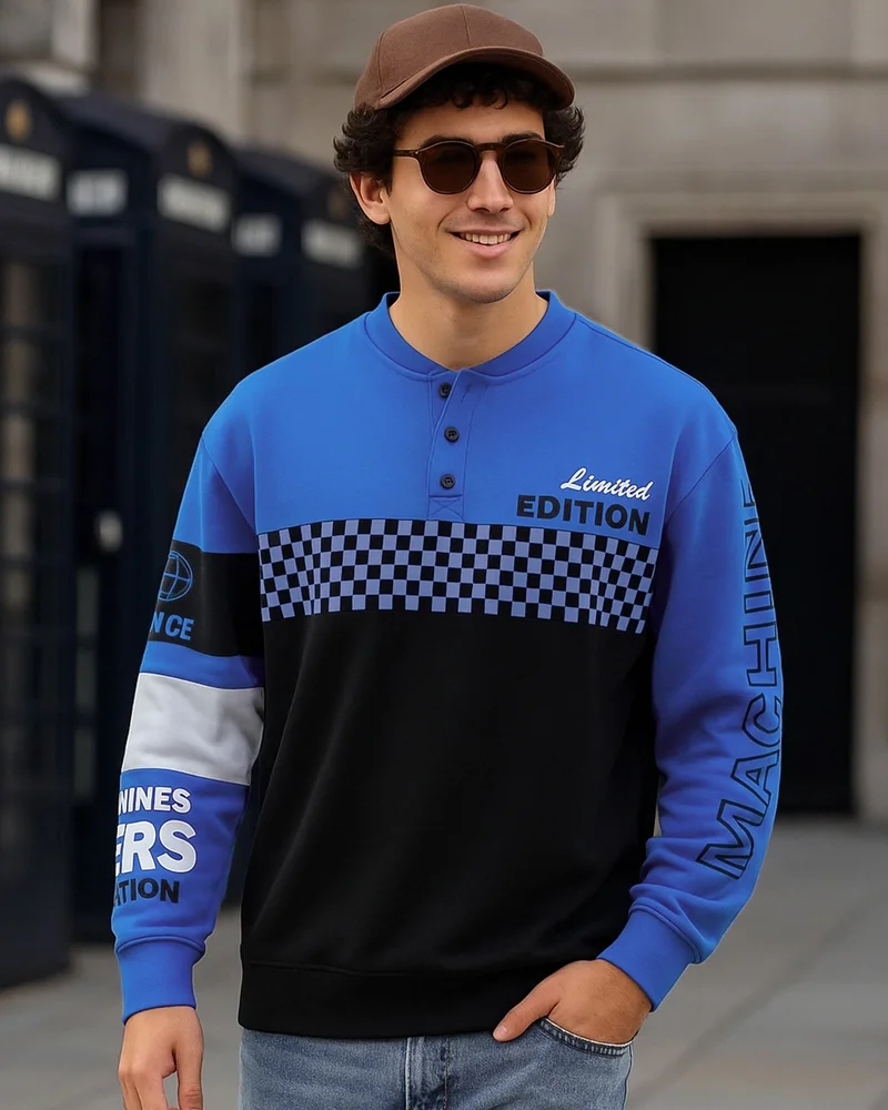 بيواكوف Men's Blue & Black Color Block Oversized Sweatshirt
